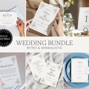 May include: A wedding invitation bundle with a retro and minimalist design. The bundle includes a save the date card, RSVP card, wedding invitation, thank you card, menu card, and table number card. The cards feature a floral design with a gray and white color scheme.