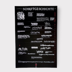 Pode incluir: Um cartaz preto e branco com o título "Schriftgeschichte" e vários exemplos de diferentes tipos de letras e fontes. O cartaz é um guia visual da história da escrita.