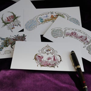 Set 5 x 2 Postkarten Miniatur antike Zeichnung ein Entwurf für Bemalung von Porzellan antik museal Din lang Geschenk für Mutter Freundin Oma