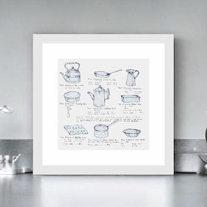 Könnte beinhalten: Eine Schwarzweißillustration verschiedener Küchenutensilien, darunter ein Wasserkocher, eine Bratpfanne, ein Messbecher, eine Puddingform, eine Kaffeekanne, eine Kastenform, ein Muffinblech, ein Topf und eine Tortenform. Die Illustration ist mit den Namen der einzelnen Artikel und ihren Größen beschriftet.