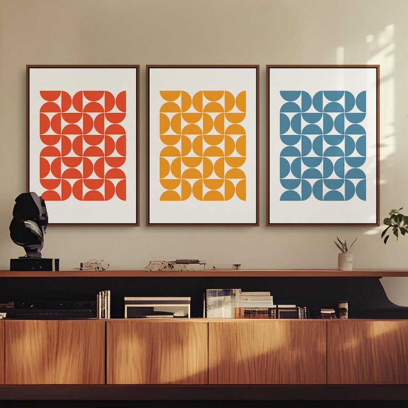 Triptych Colorful Bauhaus Print Wall Art, Gallery Wall Set of 3 Downloadable Art Prints for your Mid Century Modern Interior Design or Decor | Mid Century Modern & Vintage Abstract Digital Wall Art Printables. Ampersnd, AmpersndStudio Instant Download
