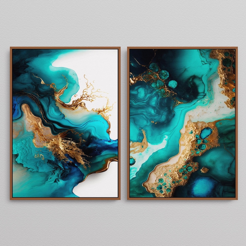 Abstract Modern Digital Prints, 2 Fluid Marbled Wall Art Printable Downloads with Blues, Golds on White, Mid Century Home & Office Decor | Mid Century Modern & Vintage Abstract Digital Wall Art. Ampersnd, AmpersndStudio Instant Download