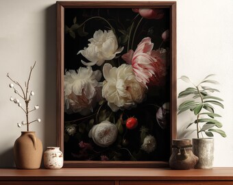 May include: A framed floral print featuring a dark background with white and pink peonies. The artwork is displayed on a wooden dresser, with vases and plants on either side.