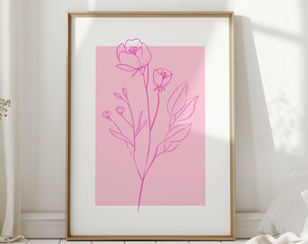 Preppy Pink Botanical Minimalist Wildflower Wall Art, Vintage Coquette Nursey Floral Downloadable Print