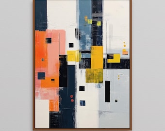 May include: Abstract art print in a wooden frame. The artwork features a geometric design with blocks of color including orange, pink, yellow, navy, and white. Small black squares and lines are interspersed throughout the composition.