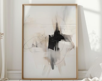 May include: Abstract art print in a light wooden frame. The artwork features a blend of black, beige, and white brushstrokes and lines. The composition includes a central black shape with flowing lines and soft, blended colors.