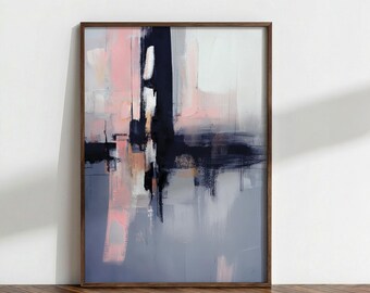 May include: Abstract art print in a wooden frame. The artwork features a blend of colors, including pink, white, navy, and gray, with brushstrokes creating a textured effect. The painting is displayed against a white wall and rests on a wooden floor.