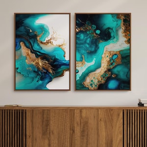 Abstract Modern Digital Prints, 2 Fluid Marbled Wall Art Printable Downloads with Blues, Golds on White, Mid Century Home & Office Decor | Mid Century Modern & Vintage Abstract Digital Wall Art. Ampersnd, AmpersndStudio Instant Download