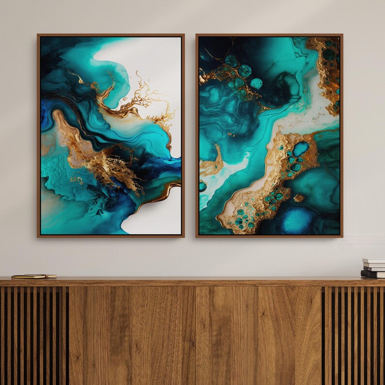 Abstract Modern Digital Prints, 2 Fluid Marbled Wall Art Printable Downloads with Blues, Golds on White, Mid Century Home & Office Decor | Mid Century Modern & Vintage Abstract Digital Wall Art. Ampersnd, AmpersndStudio Instant Download