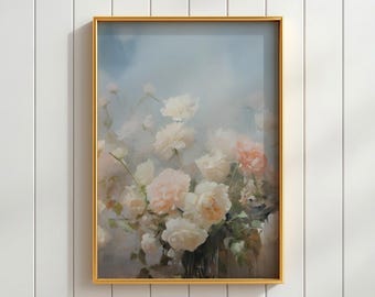 May include: A framed floral art print featuring a bouquet of white and peach-colored flowers. The flowers are set against a soft, light blue background, and the frame is gold.