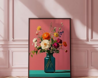May include: A framed art print featuring a vibrant floral arrangement in a teal vase. The bouquet includes orange, white, yellow, and purple flowers against a pink background. The vase sits on a teal surface, with a wooden floor in the foreground.