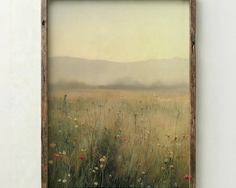 Printable Wildflower Landscape Oil Painting, Downloadable Vintage Style Canvas Wall Art for a Cottage Core Farmhouse or Apartment Wall Decor