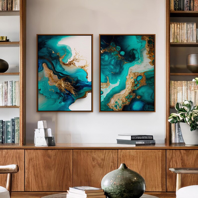 Abstract Modern Digital Prints, 2 Fluid Marbled Wall Art Printable Downloads with Blues, Golds on White, Mid Century Home & Office Decor | Mid Century Modern & Vintage Abstract Digital Wall Art. Ampersnd, AmpersndStudio Instant Download