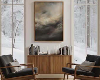 May include: An abstract painting in a wooden frame hangs above a wooden cabinet. The painting features a blend of dark and light colors. Two black armchairs with wooden frames and gray pillows sit in front of large windows overlooking a snowy landscape.