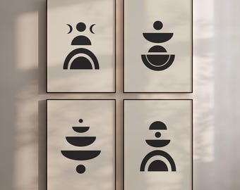 Mid Century Modern Abstract Wall Art Digital Prints, Set of 4 Boho Vintage Style Printable Downloads with Black & Tan, Bohemian Home Decor