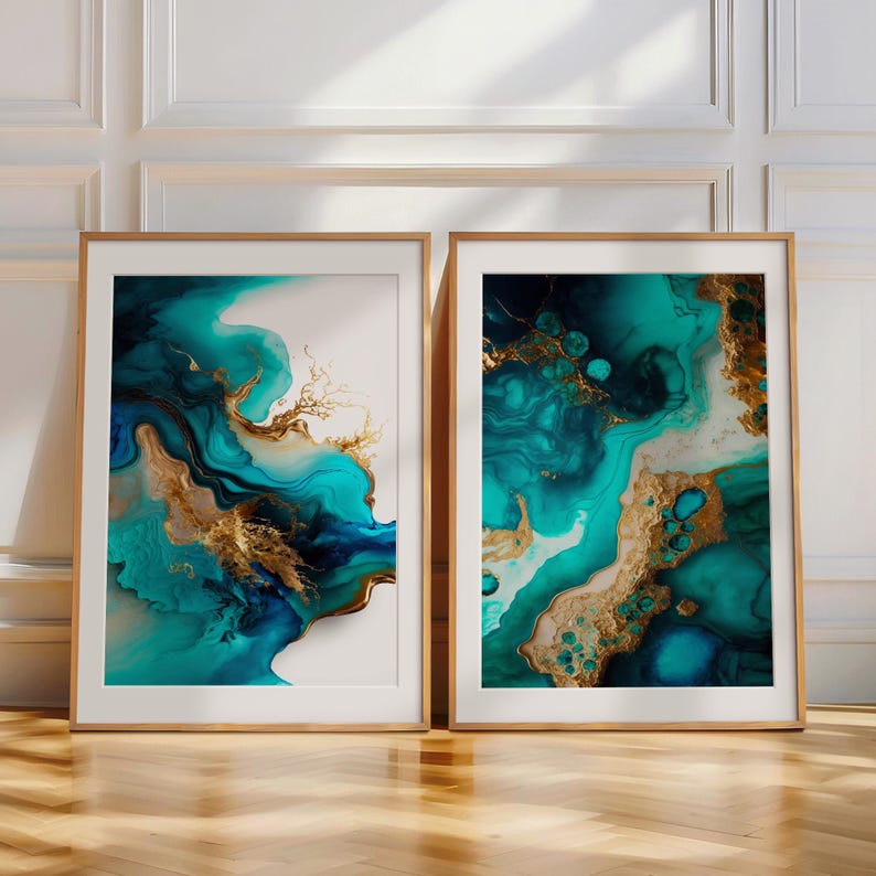 Abstract Modern Digital Prints, 2 Fluid Marbled Wall Art Printable Downloads with Blues, Golds on White, Mid Century Home & Office Decor | Mid Century Modern & Vintage Abstract Digital Wall Art. Ampersnd, AmpersndStudio Instant Download
