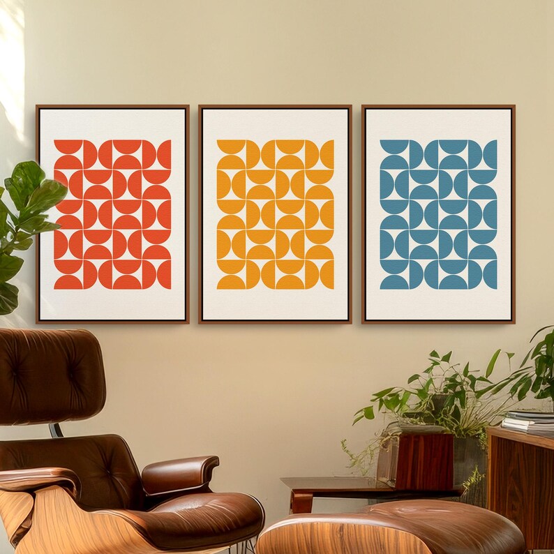 Triptych Colorful Bauhaus Print Wall Art, Gallery Wall Set of 3 Downloadable Art Prints for your Mid Century Modern Interior Design or Decor | Mid Century Modern & Vintage Abstract Digital Wall Art Printables. Ampersnd, AmpersndStudio Instant Download
