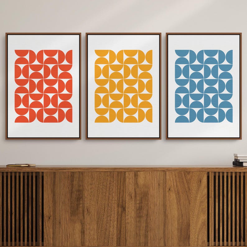 Triptych Colorful Bauhaus Print Wall Art, Gallery Wall Set of 3 Downloadable Art Prints for your Mid Century Modern Interior Design or Decor | Mid Century Modern & Vintage Abstract Digital Wall Art Printables. Ampersnd, AmpersndStudio Instant Download