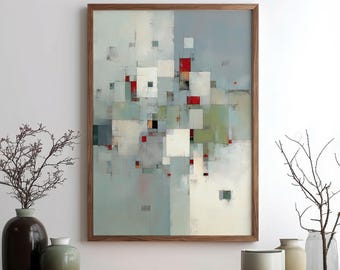 May include: Abstract art print in a wooden frame. The artwork features a geometric composition of squares and rectangles in shades of white, gray, green, and red. The painting is displayed on a wooden cabinet with decorative vases.