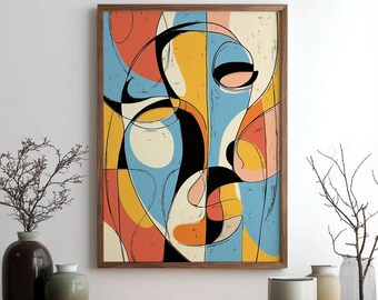 May include: Abstract art print in a wooden frame. The artwork features a colorful design with blue, orange, yellow, and black shapes. The artwork is displayed on a wooden cabinet with vases.