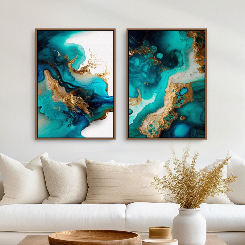Abstract Modern Digital Prints, 2 Fluid Marbled Wall Art Printable Downloads with Blues, Golds on White, Mid Century Home & Office Decor | Mid Century Modern & Vintage Abstract Digital Wall Art. Ampersnd, AmpersndStudio Instant Download