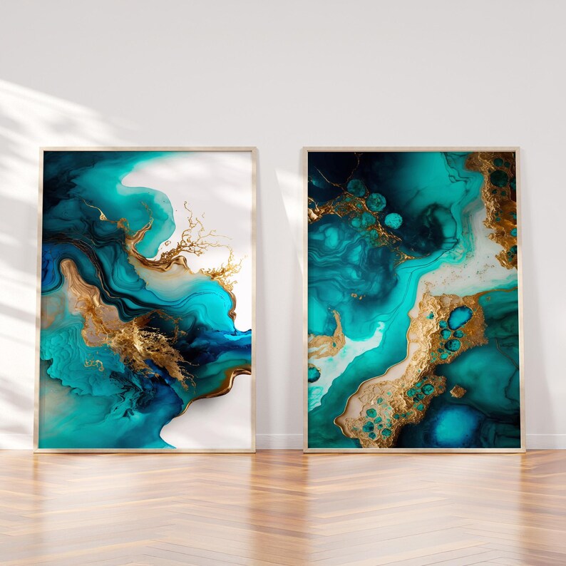 Abstract Modern Digital Prints, 2 Fluid Marbled Wall Art Printable Downloads with Blues, Golds on White, Mid Century Home & Office Decor | Mid Century Modern & Vintage Abstract Digital Wall Art. Ampersnd, AmpersndStudio Instant Download