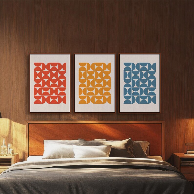 Triptych Colorful Bauhaus Print Wall Art, Gallery Wall Set of 3 Downloadable Art Prints for your Mid Century Modern Interior Design or Decor | Mid Century Modern & Vintage Abstract Digital Wall Art Printables. Ampersnd, AmpersndStudio Instant Download