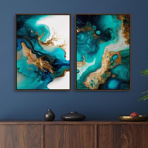 Abstract Modern Digital Prints, 2 Fluid Marbled Wall Art Printable Downloads with Blues, Golds on White, Mid Century Home & Office Decor | Mid Century Modern & Vintage Abstract Digital Wall Art. Ampersnd, AmpersndStudio Instant Download