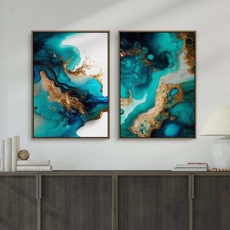 Abstract Modern Digital Prints, 2 Fluid Marbled Wall Art Printable Downloads with Blues, Golds on White, Mid Century Home & Office Decor | Mid Century Modern & Vintage Abstract Digital Wall Art. Ampersnd, AmpersndStudio Instant Download