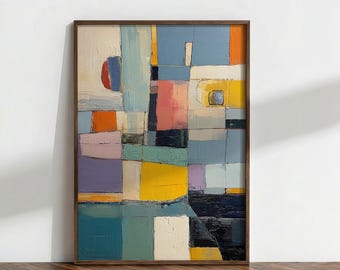 May include: Abstract oil painting in a wooden frame. The artwork features a colorful geometric composition with blocks of blue, yellow, orange, pink, and purple. The brushstrokes are visible, adding texture to the piece. The painting is displayed against a white wall.