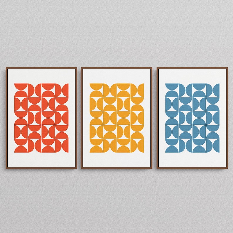 Triptych Colorful Bauhaus Print Wall Art, Gallery Wall Set of 3 Downloadable Art Prints for your Mid Century Modern Interior Design or Decor | Mid Century Modern & Vintage Abstract Digital Wall Art Printables. Ampersnd, AmpersndStudio Instant Download