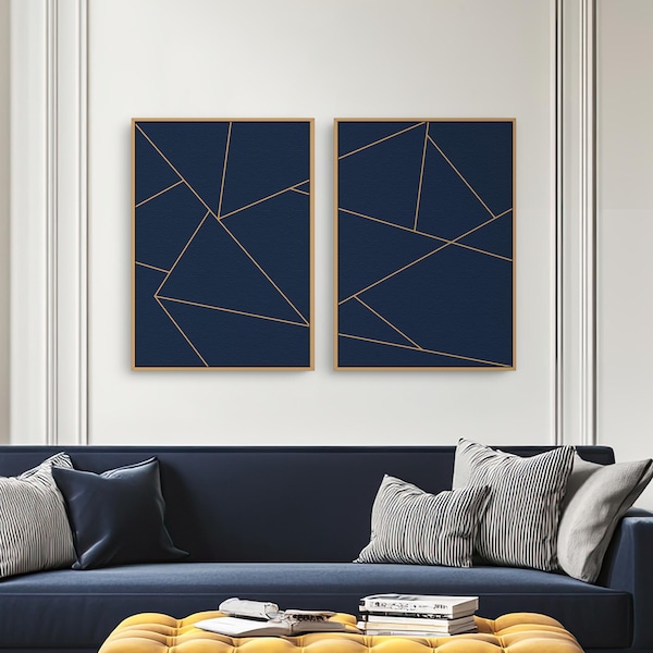 Navy Blau Geometrische druckbare Wandkunst, Set von 2 MCM inspiriert Galerie Digitaldrucke