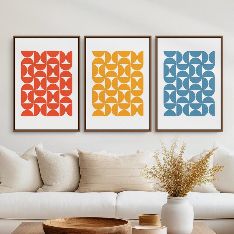 Triptych Colorful Bauhaus Print Wall Art, Gallery Wall Set of 3 Downloadable Art Prints for your Mid Century Modern Interior Design or Decor | Mid Century Modern & Vintage Abstract Digital Wall Art Printables. Ampersnd, AmpersndStudio Instant Download