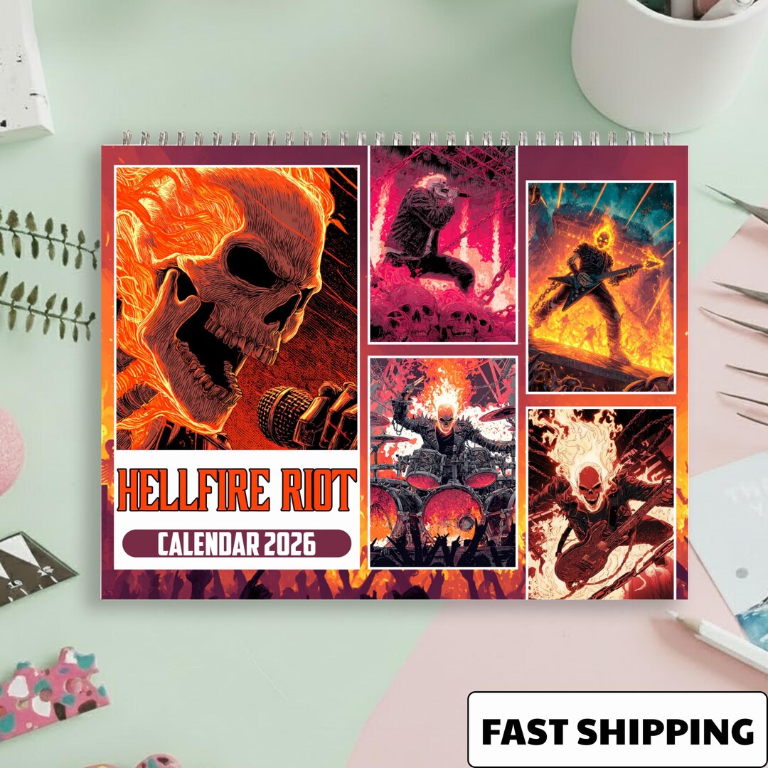 Hellfire Skull Rider Calendar 2026, Dark Fantasy Punk Rock Wall ...