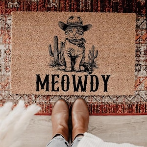 Meowdy Fußmatte, Howdy Cat Türmatte, lustige Willkommensmatte, Cowboy Cat Mom Fußmatte, Abschlussgeschenk, niedliche Fußmatte, Housewarminggeschenk, Fußmatte