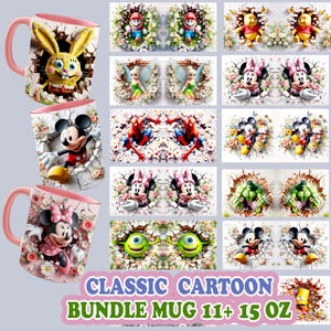 Loch in einer Wand Blumen Cartoon Charakter Becher Bundle, niedlichen Cartoon 11 Unzen & 15 Unzen Becher Design Png, Maus und Freunde PNG Sublimationsentwürfe