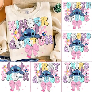 Stitch Back To School PNG Bundle, Cartoon First Day Of School Design, Preppy Pre-K To 4th Grade,Stitch Pastel Bow Png, Cute School PNG