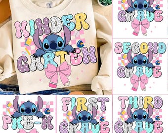 Stitch Back To School PNG Bundle, Cartoon First Day Of School Design, Preppy Pre-K To 4th Grade,Stitch Pastel Bow Png, Cute School PNG