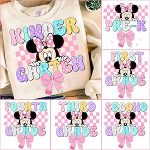 Minnie Mouse Back To School PNG Bundle, Mouse First Day Of School Design, Preppy Pre-K To 4th Grade, Mouse Pastel Bow Png, School PNG