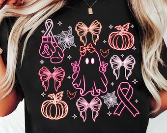 In October We Wear Pink Neon Png, Breast Cancer Awareness Halloween Digital, Breast Cancer Support Svg, Ghost Cancer Gifts