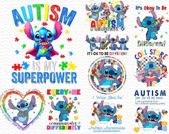 Autism Stitch Bundle Png, Cartoon Autism Puzzle Png, Autism Blue Monster, Autism Kid Png, Autism Awareness Png, Stitch Png