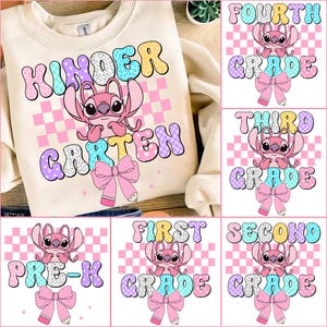 Pink Alien Girly Back To School PNG Bundle, Stitch First Day Of School Design, Preppy Pre-K To 4th Grade,Stitch Pastel Bow Png, School PNG