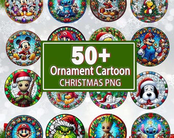 Ornament Christmas Cartoon PNG Bundle, Stained Glass Christmas PNG, Stitch Christmas Digital, Cartoon Sublimation Design, Commercial Use