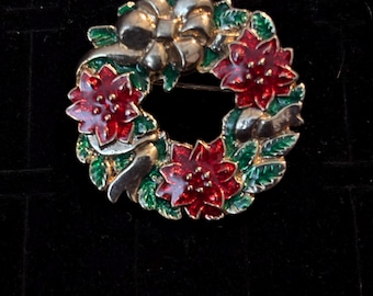 Vintage Poinsettias Christmas Wreath Brooch Pin