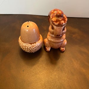 May include: A pair of ceramic salt and pepper shakers. One shaker is shaped like an acorn, the other like a squirrel. Both are in shades of brown and tan. The acorn shaker has a textured base, and the squirrel shaker has a detailed tail.