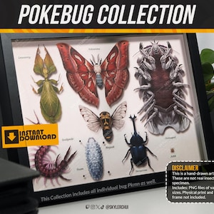 Puede incluir: Una impresión enmarcada titulada "POKEBUG COLLECTION" con ilustraciones dibujadas a mano de varios insectos, incluyendo una gran mariposa roja y marrón, un insecto hoja verde y un escarabajo negro. La impresión incluye el texto "INSTANT DOWNLOAD".