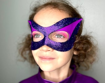 Superhero Purple Glitter Mask - Leather Mask - Costume - Cosplay - Dress Up - Pretend - Make Believe - Halloween - Purim - Kids