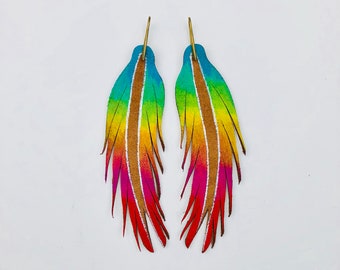 Blended RAINBOW Feather Earrings - SHORT - 4.5”