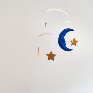 The Man In the Moon Mobile Midnight Blue Moon with Gold Stars Baby Mobile Handmade Mobile Nursery Mobile Moon & Stars Mobile image 1