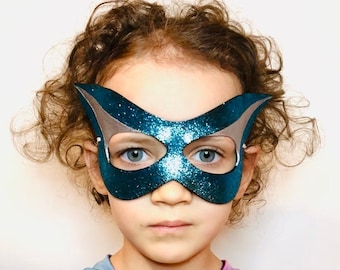 Superhero Turquoise Glitter Mask - Leather Mask - Costume - Cosplay - Dress Up - Pretend - Make Believe - Halloween - Purim - Kids - Blue